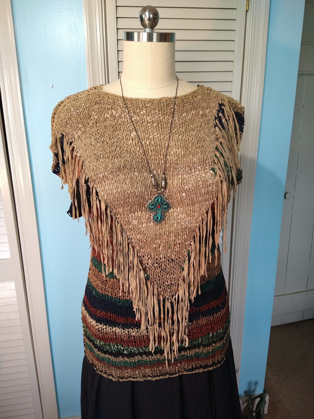 1980's Multi-toned Hand-knit Leather Fringe Top